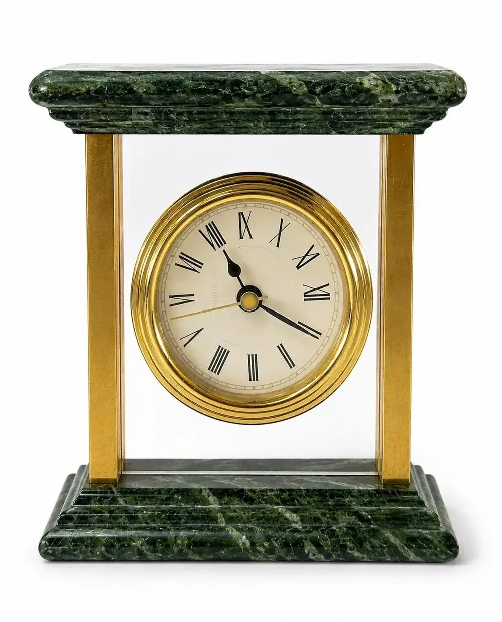 Vintage Green Marble Brass Glass Mantel Desk Clock Roman Numerals Quartz